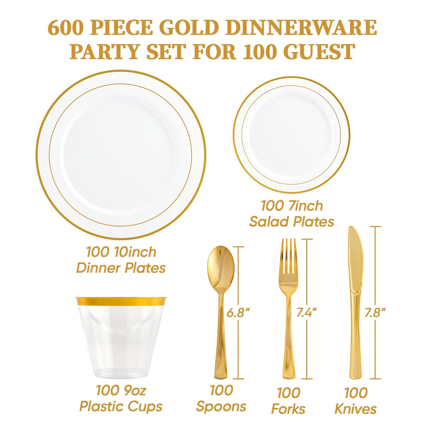 FOCUSLINE 600 Ct Gold Dinnerware Set for 100 Guests - Gold Rimmed White Disposable Plastic Plates, Includes 100 Dinner & Salad Plates, Cups, Cutlery Set for Wedding Parties