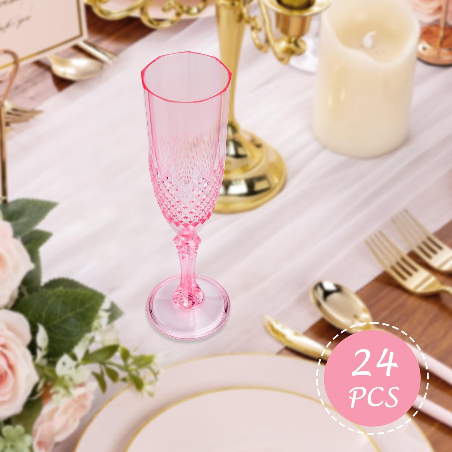 CHICERA 24 Pcs Pink Plastic Champagne Flutes,Pink Champagne Glasses Bulk, Made of Durable Plastic Material Can be Used for Weddings, Everyday Fun Parties and More!