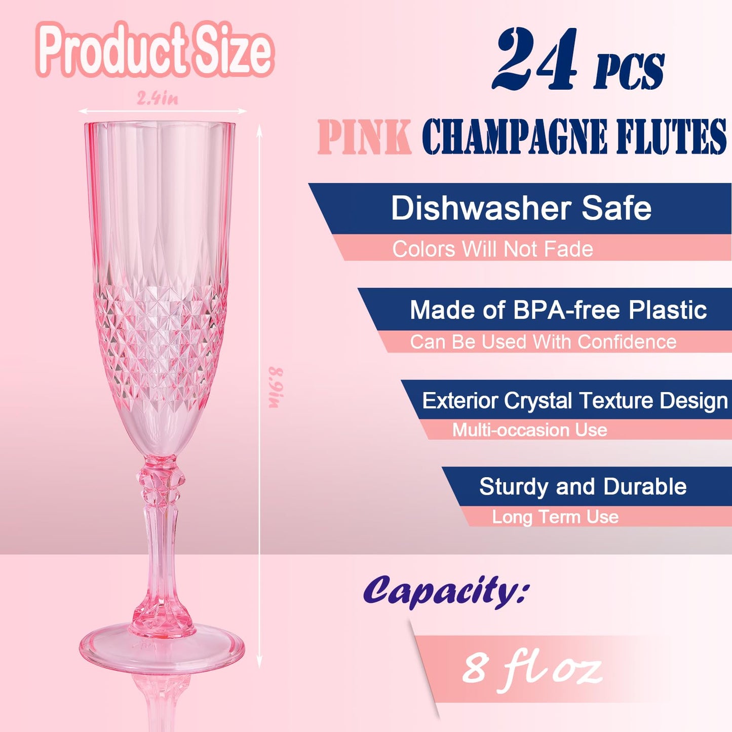 CHICERA 24 Pcs Pink Plastic Champagne Flutes,Pink Champagne Glasses Bulk, Made of Durable Plastic Material Can be Used for Weddings, Everyday Fun Parties and More!