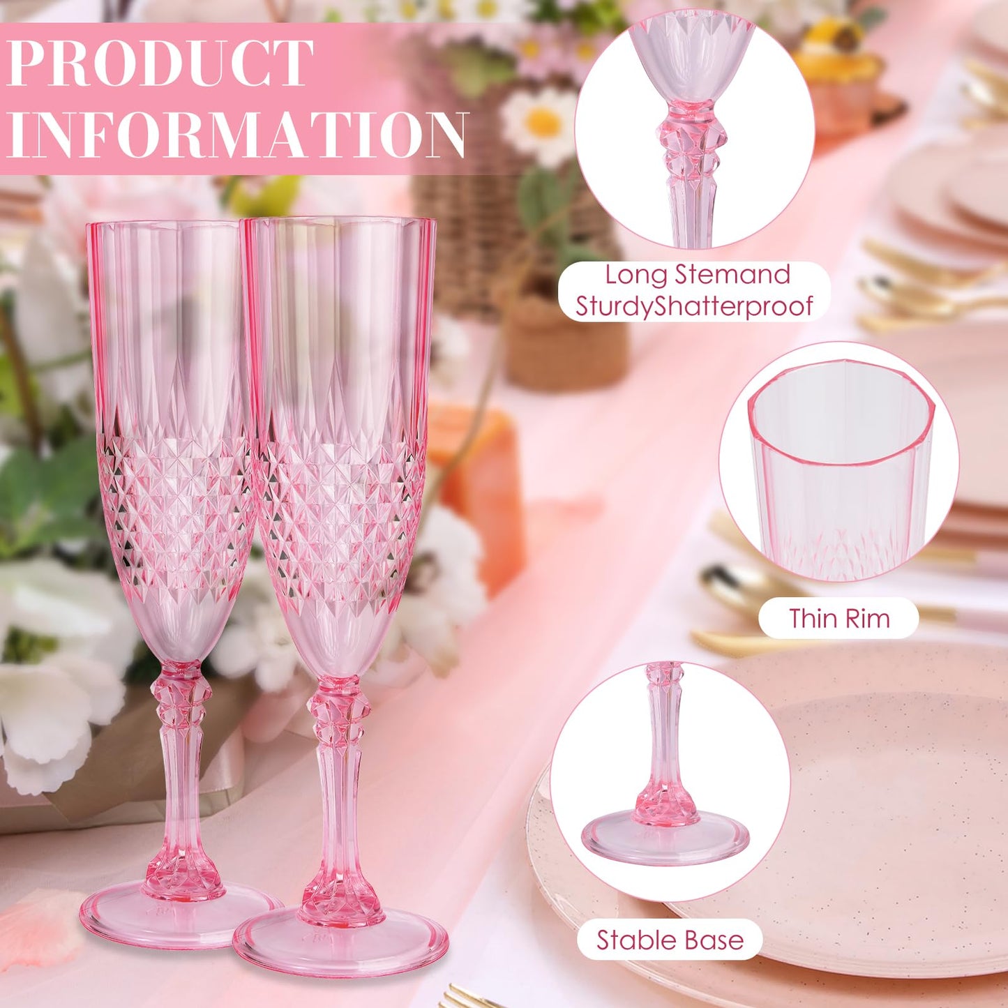 CHICERA 24 Pcs Pink Plastic Champagne Flutes,Pink Champagne Glasses Bulk, Made of Durable Plastic Material Can be Used for Weddings, Everyday Fun Parties and More!