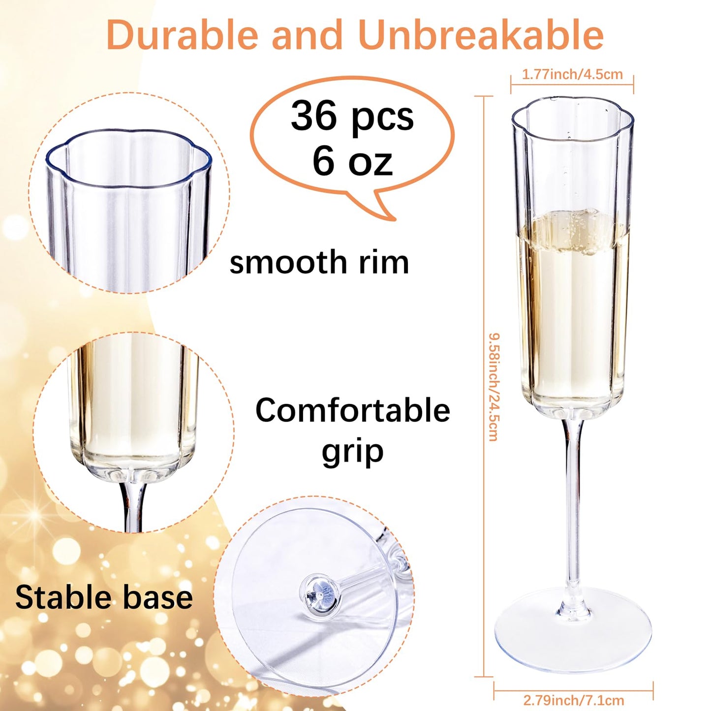 YOUBET 36 Pack Clear Champagne Flutes Plastic - 6 Oz Flower Wavy Champagne Plastic Glasses - Heavy Duty Vintage Disposable Flutes for Wedding Party Birthday Anniversary
