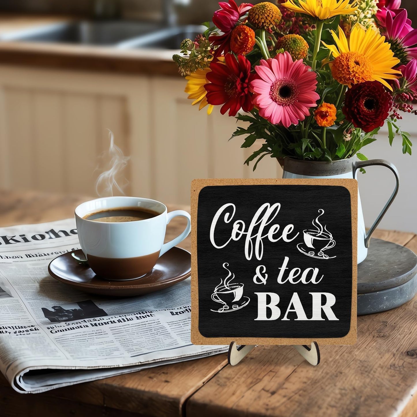 Coffee Bar Decor Sign,Rustic Wooden Plaque Coffee Sign for Java Station, Kitchen, Cafe or Tea Corner, Funny Jave Gift for Home Cafe, 5.9 x 5.9Inch (Black+Brown04)