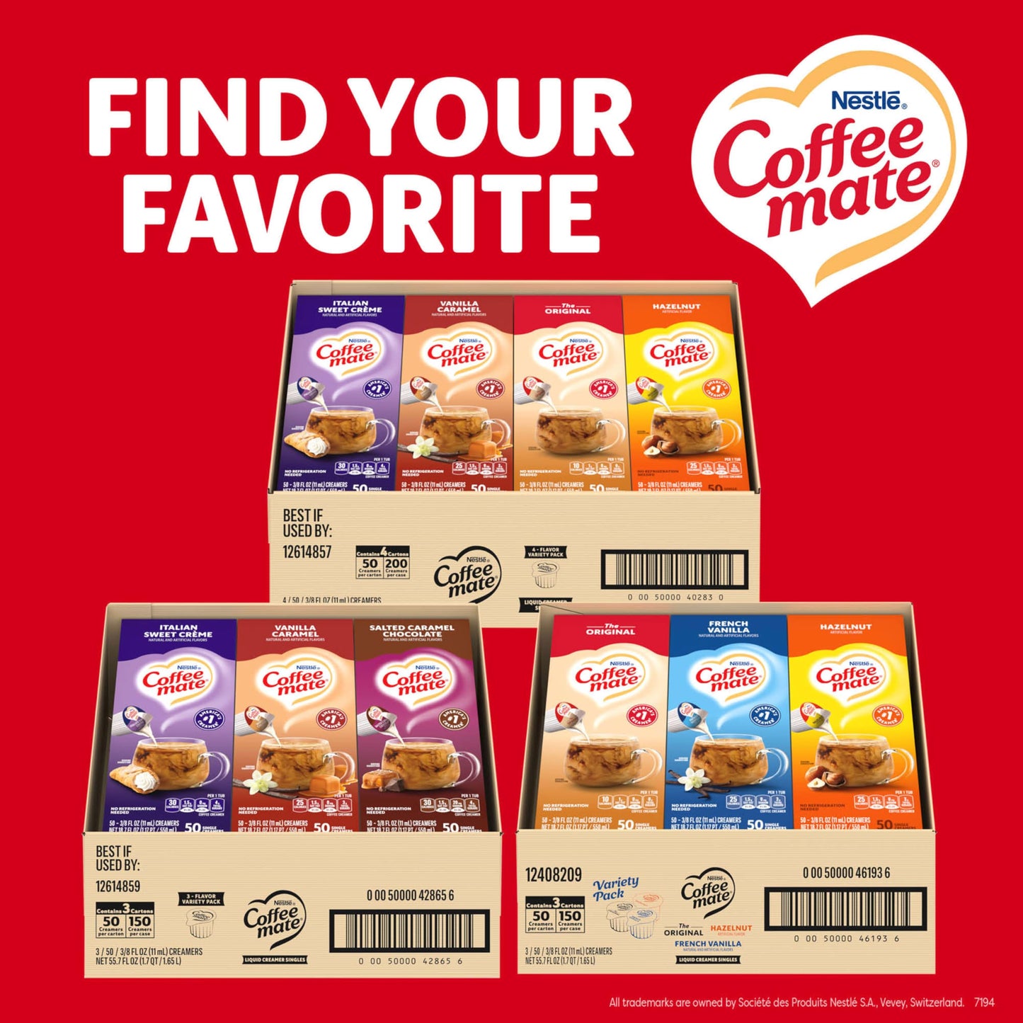 Nestle Coffee mate Creamer Singles Variety Pack, Original, French Vanilla, Hazelnut, Non Dairy, No Refrigeration, 0.375 fl oz Tubs, 150 Count (Pack of 50 Per Flavor)