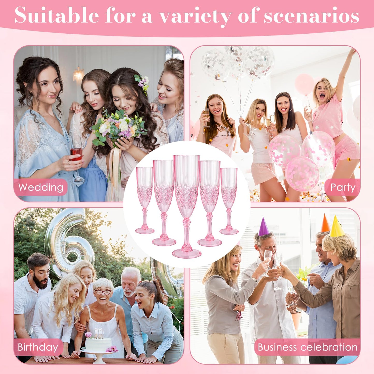 CHICERA 24 Pcs Pink Plastic Champagne Flutes,Pink Champagne Glasses Bulk, Made of Durable Plastic Material Can be Used for Weddings, Everyday Fun Parties and More!