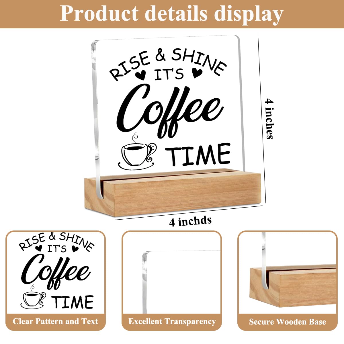 Coffee Bar Decor Acrylic Sign with Wood Stand, Coffee Lover Gifts Coffee Decor Coffee Shop Bedroom Living Room Desk Cubicle Coffee Table Shelf Decor, Coffee Gifts for Coffee Lovers Coffee Sign
