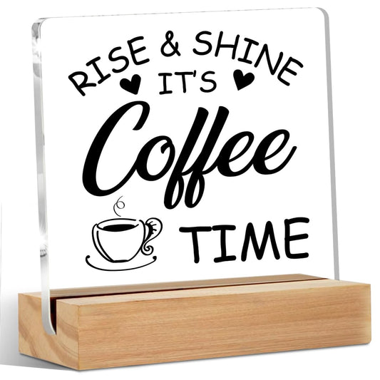 Coffee Bar Decor Acrylic Sign with Wood Stand, Coffee Lover Gifts Coffee Decor Coffee Shop Bedroom Living Room Desk Cubicle Coffee Table Shelf Decor, Coffee Gifts for Coffee Lovers Coffee Sign