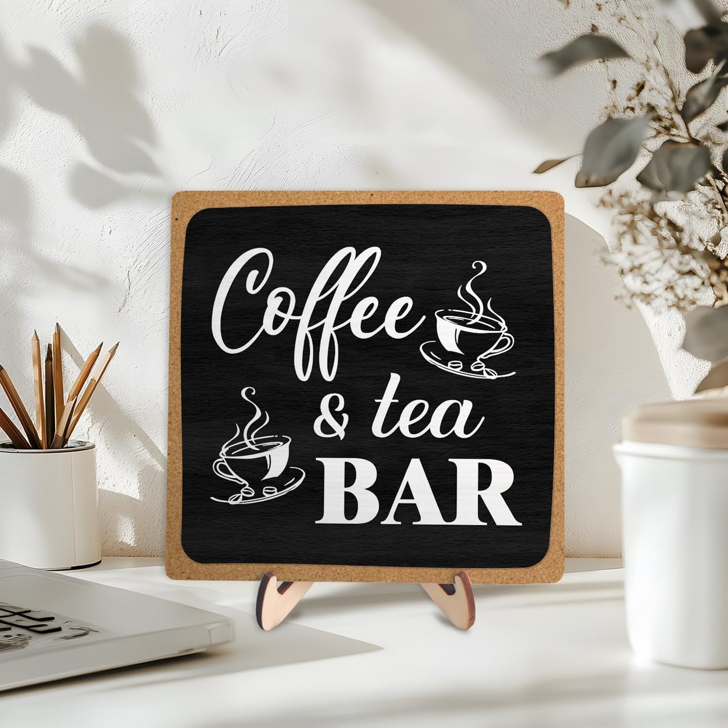 Coffee Bar Decor Sign,Rustic Wooden Plaque Coffee Sign for Java Station, Kitchen, Cafe or Tea Corner, Funny Jave Gift for Home Cafe, 5.9 x 5.9Inch (Black+Brown04)