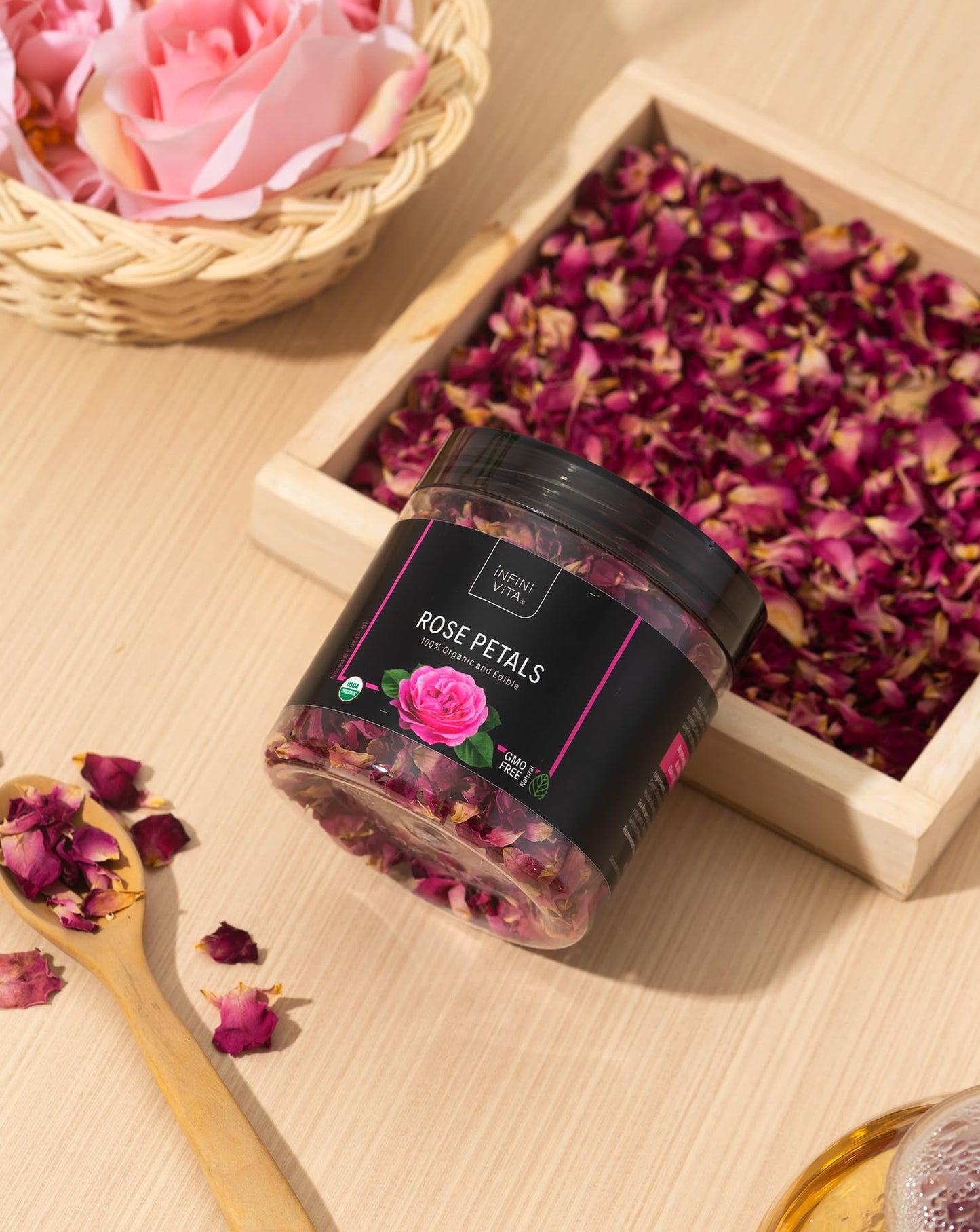 Infini Vita Dried Rose Petals 14g (0.5oz) - Edible Red Rose Tea - Dried Flowers for Cake Decorating, Drinks, Candle, and Soap Making (0.5oz)