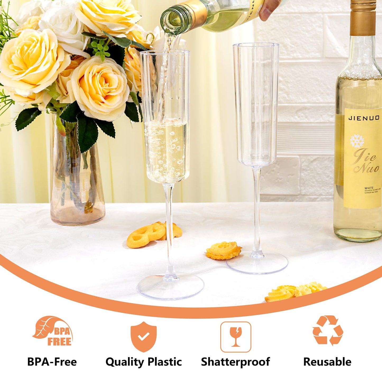 YOUBET 36 Pack Clear Champagne Flutes Plastic - 6 Oz Flower Wavy Champagne Plastic Glasses - Heavy Duty Vintage Disposable Flutes for Wedding Party Birthday Anniversary