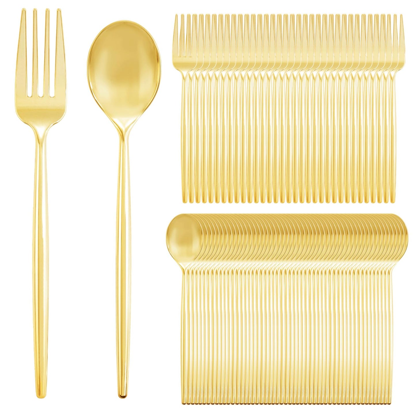 SUT 200PCS Heavy Duty Disposable Flatware Set, Gold Plastic Forks and Spoons, Includes 100 Forks, 100 Spoons for Party