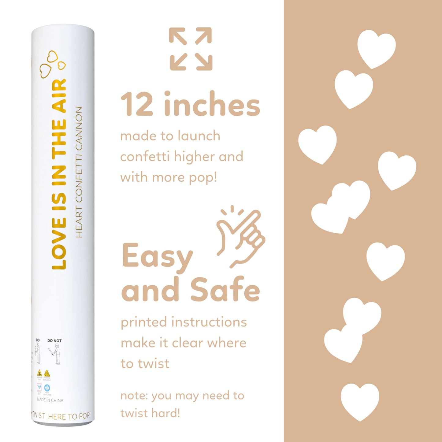 White Biodegradable Heart Confetti Poppers Confetti Cannon | 6 Pack | Party Poppers Decoration for Valentine's Day, Wedding, Bridal Shower | Wedding Supplies Party Favors | 12 in | TUR Party Supplies