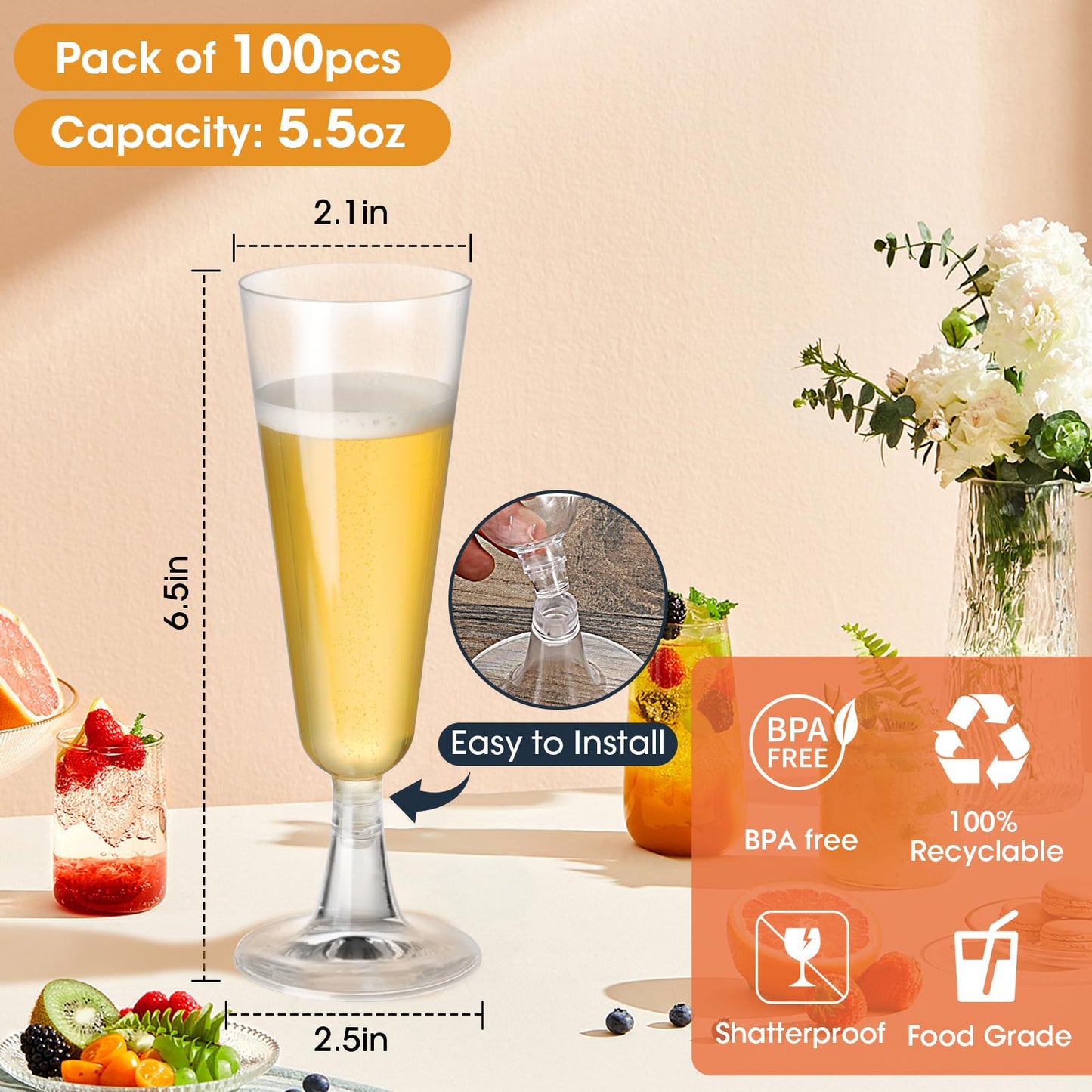 SUREHOME Plastic Champagne Flutes Plastic Champagne Glasses Disposable Mimosa Glasses Bulk 100 Pack Clear Wedding Toasting Cups Unbreakable Crystal Stemware for Bar Baby Shower Birthday Party Supplies