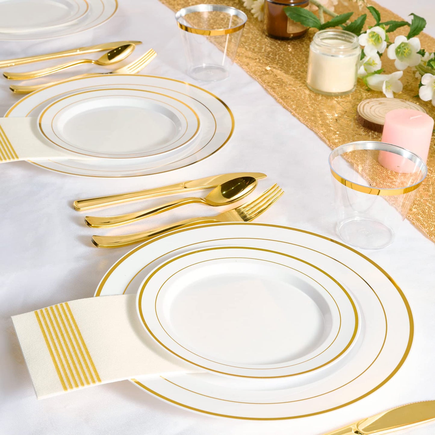 FOCUSLINE 600 Ct Gold Dinnerware Set for 100 Guests - Gold Rimmed White Disposable Plastic Plates, Includes 100 Dinner & Salad Plates, Cups, Cutlery Set for Wedding Parties