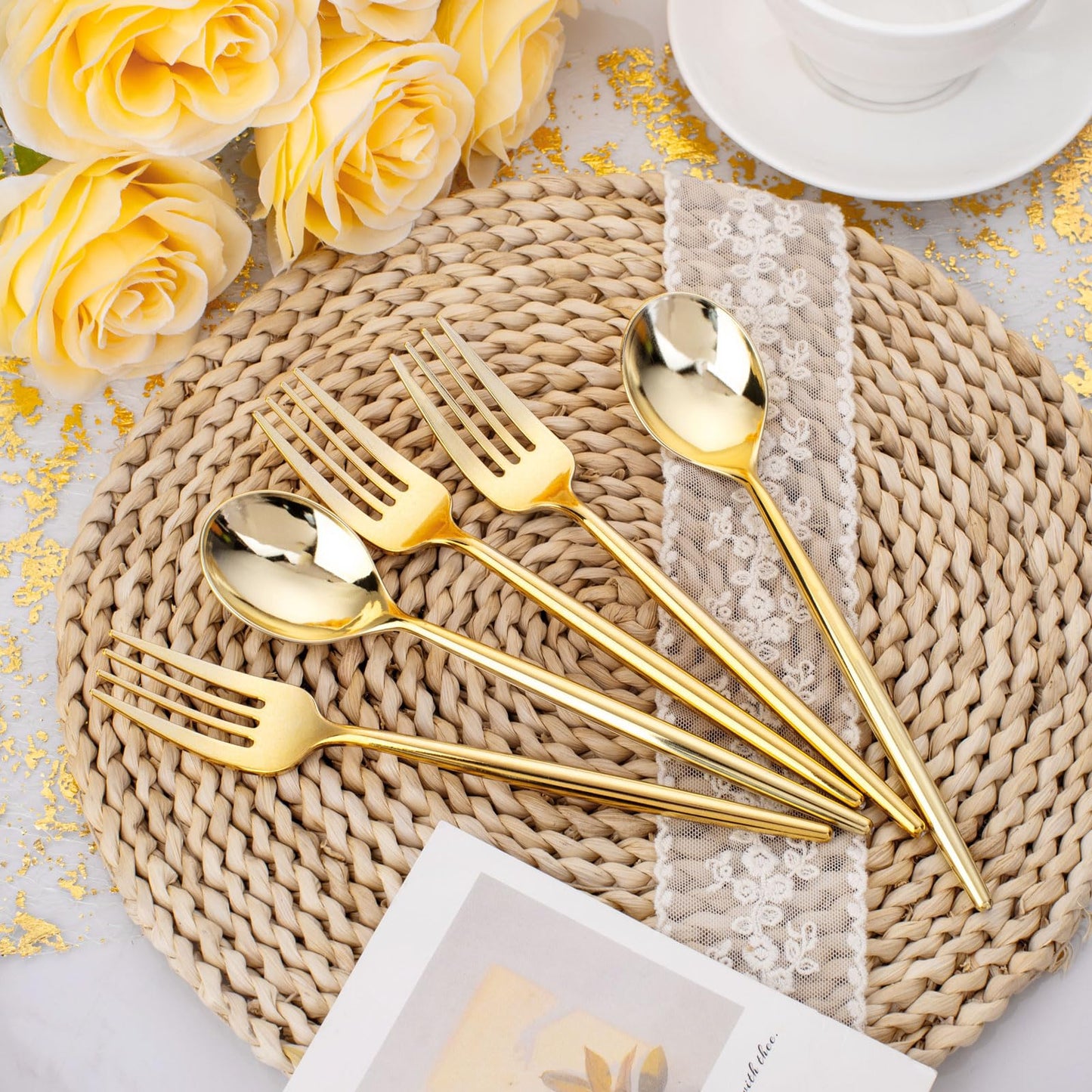 SUT 200PCS Heavy Duty Disposable Flatware Set, Gold Plastic Forks and Spoons, Includes 100 Forks, 100 Spoons for Party
