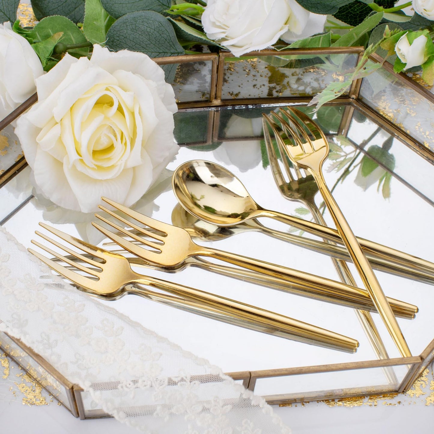 SUT 200PCS Heavy Duty Disposable Flatware Set, Gold Plastic Forks and Spoons, Includes 100 Forks, 100 Spoons for Party