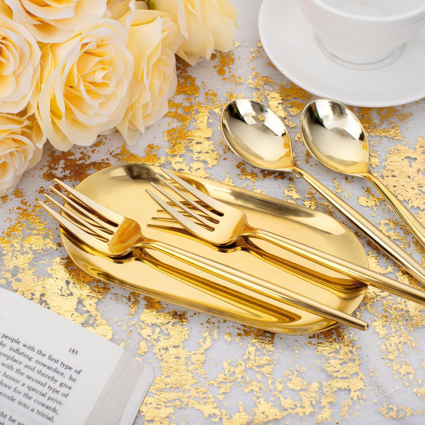 SUT 200PCS Heavy Duty Disposable Flatware Set, Gold Plastic Forks and Spoons, Includes 100 Forks, 100 Spoons for Party