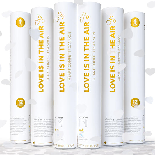 White Biodegradable Heart Confetti Poppers Confetti Cannon | 6 Pack | Party Poppers Decoration for Valentine's Day, Wedding, Bridal Shower | Wedding Supplies Party Favors | 12 in | TUR Party Supplies