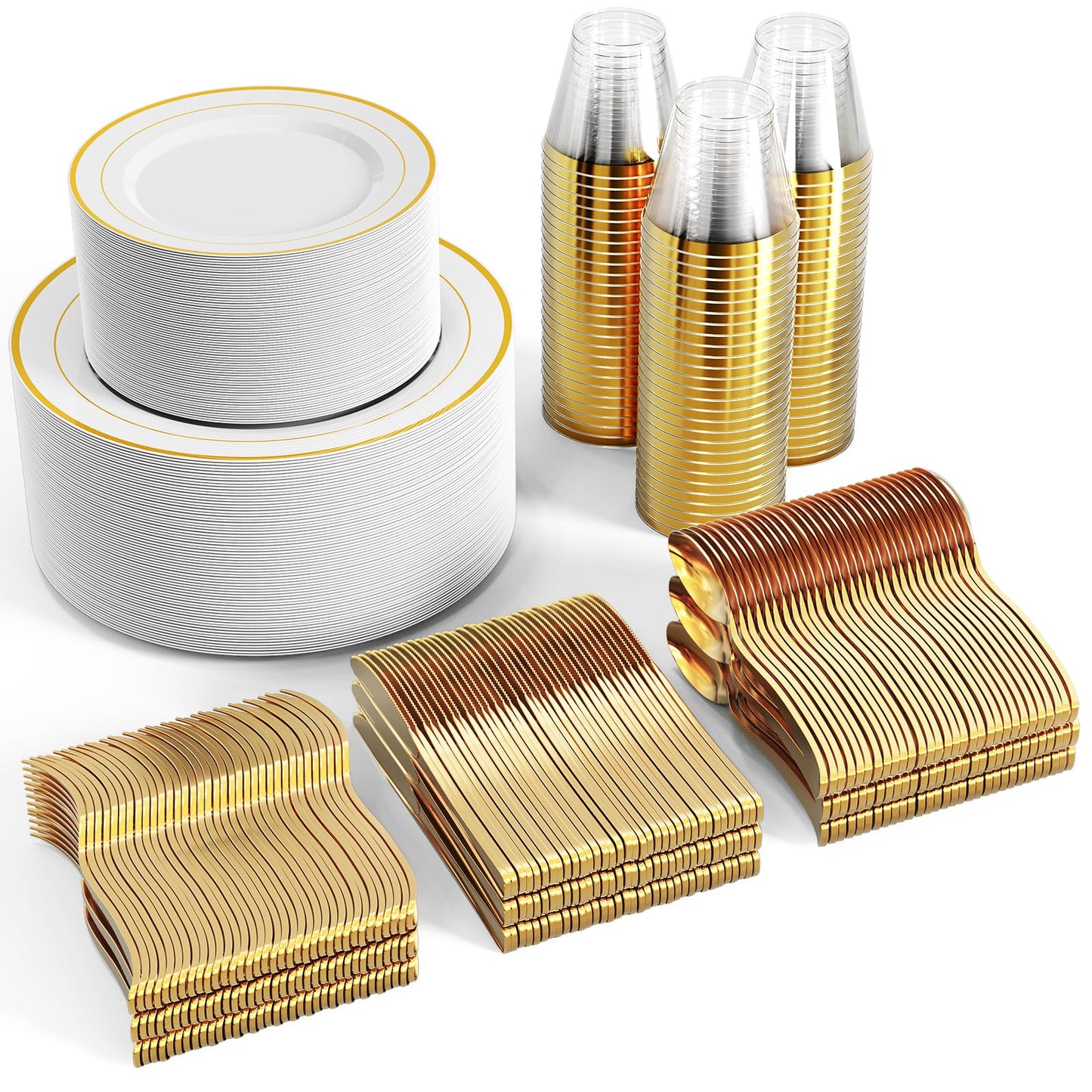 FOCUSLINE 600 Ct Gold Dinnerware Set for 100 Guests - Gold Rimmed White Disposable Plastic Plates, Includes 100 Dinner & Salad Plates, Cups, Cutlery Set for Wedding Parties