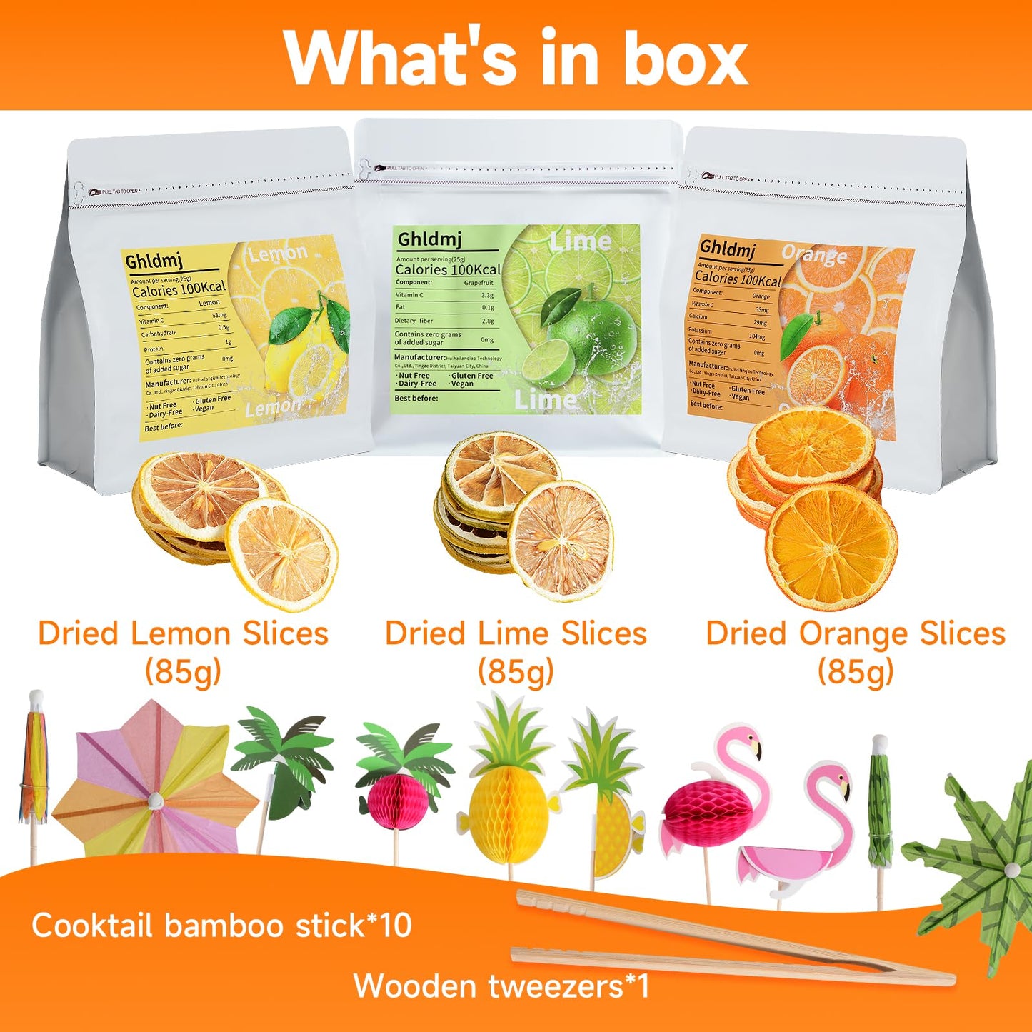 3-Pack Dehydrated ORANGE,LEMON & LIME,9oz total,Premium Craft Cocktail Garnish With10 Pcs Drink Umbrellas Picks And 1 Fruit Clips,for Tea, Beverages, and More Craft Cocktail Home Mixologist,Bartender Garnishes Dried Fruit