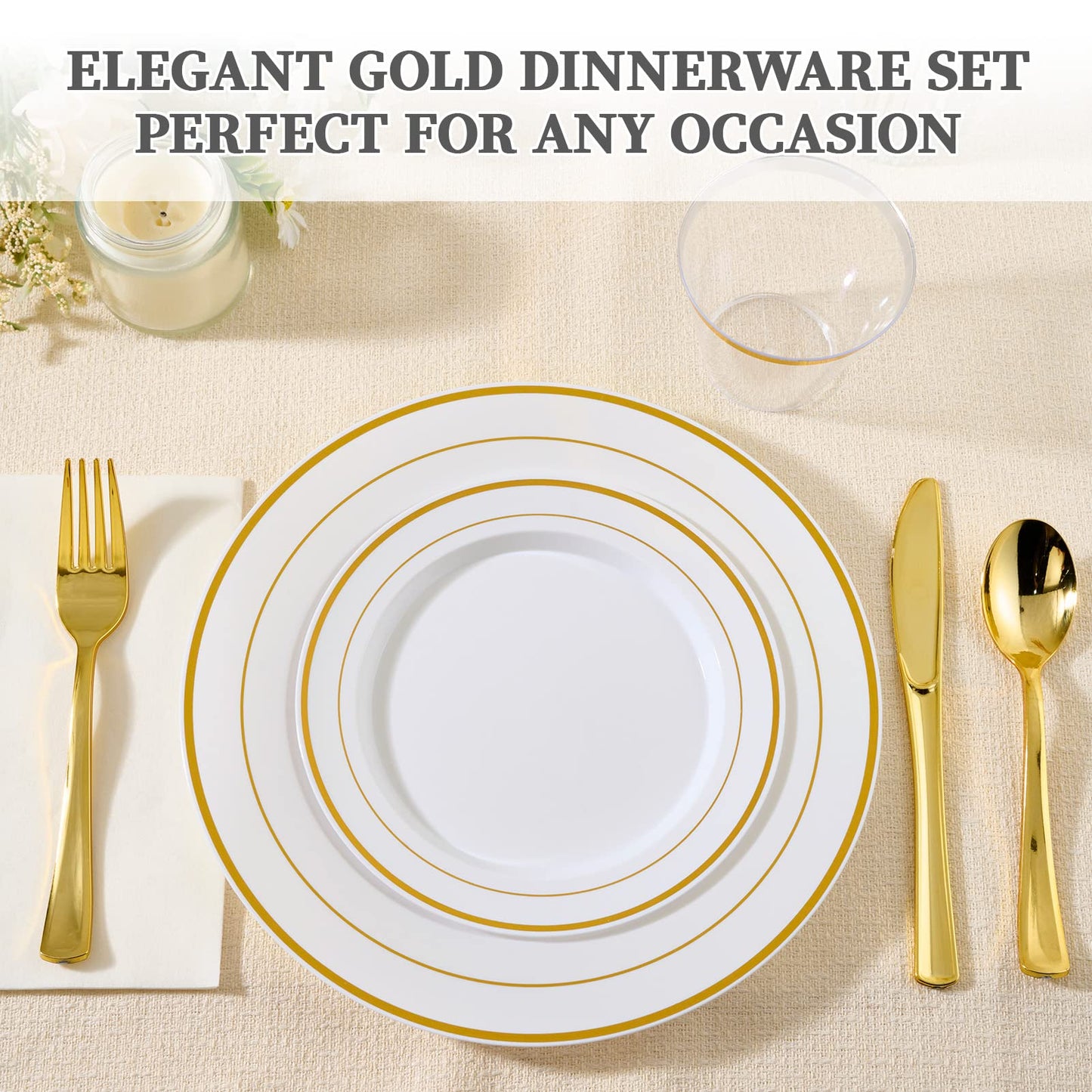 FOCUSLINE 600 Ct Gold Dinnerware Set for 100 Guests - Gold Rimmed White Disposable Plastic Plates, Includes 100 Dinner & Salad Plates, Cups, Cutlery Set for Wedding Parties