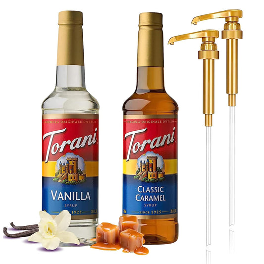 Coffee Syrup Variety Pack - Vanilla and Caramel Syrups for Coffee with 2 Jimoco Syrup Pump Dispenser Compatible with 25.4 Ounces Syrup Bottle for Vanilla and Caramel Flavored