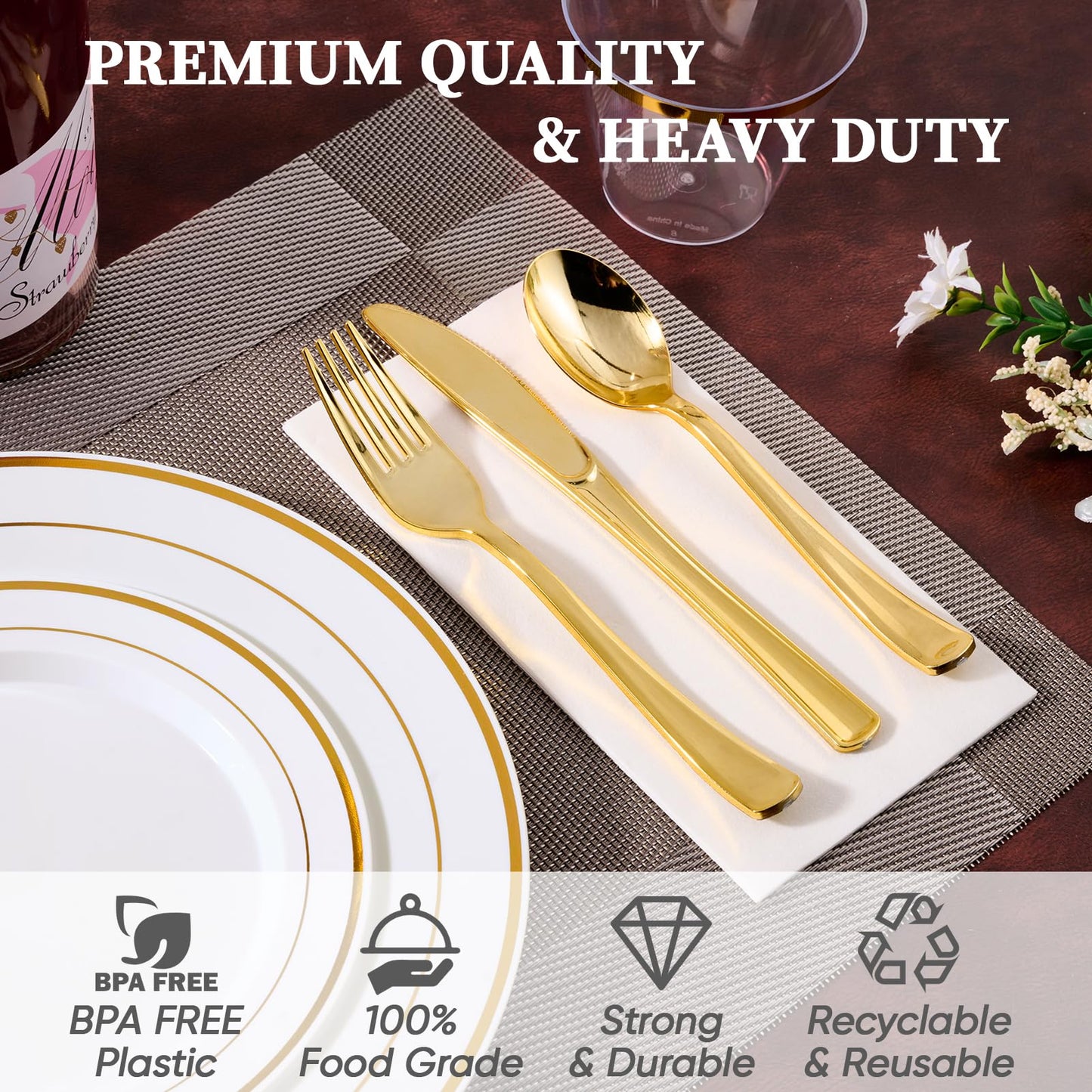 FOCUSLINE 600 Ct Gold Dinnerware Set for 100 Guests - Gold Rimmed White Disposable Plastic Plates, Includes 100 Dinner & Salad Plates, Cups, Cutlery Set for Wedding Parties