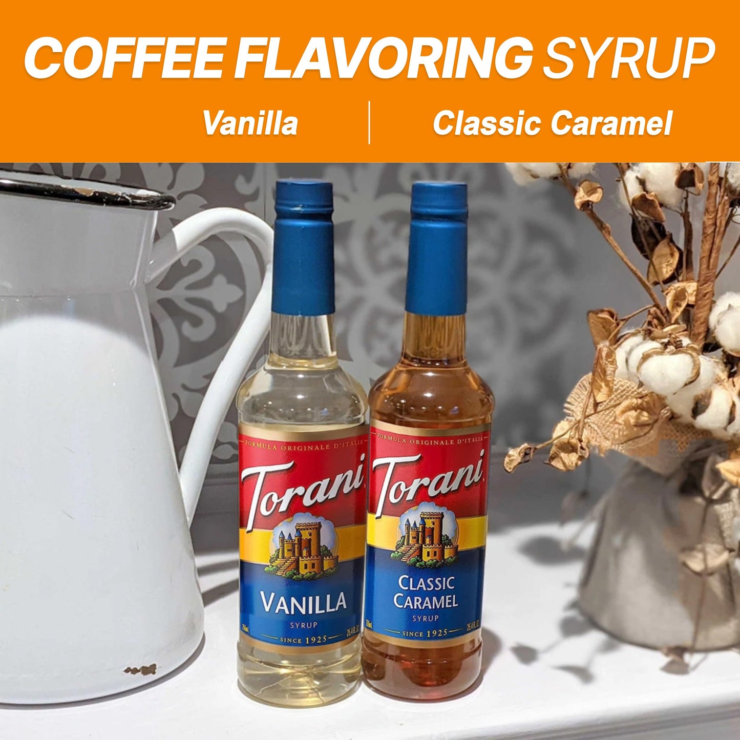 Coffee Syrup Variety Pack - Vanilla and Caramel Syrups for Coffee with 2 Jimoco Syrup Pump Dispenser Compatible with 25.4 Ounces Syrup Bottle for Vanilla and Caramel Flavored