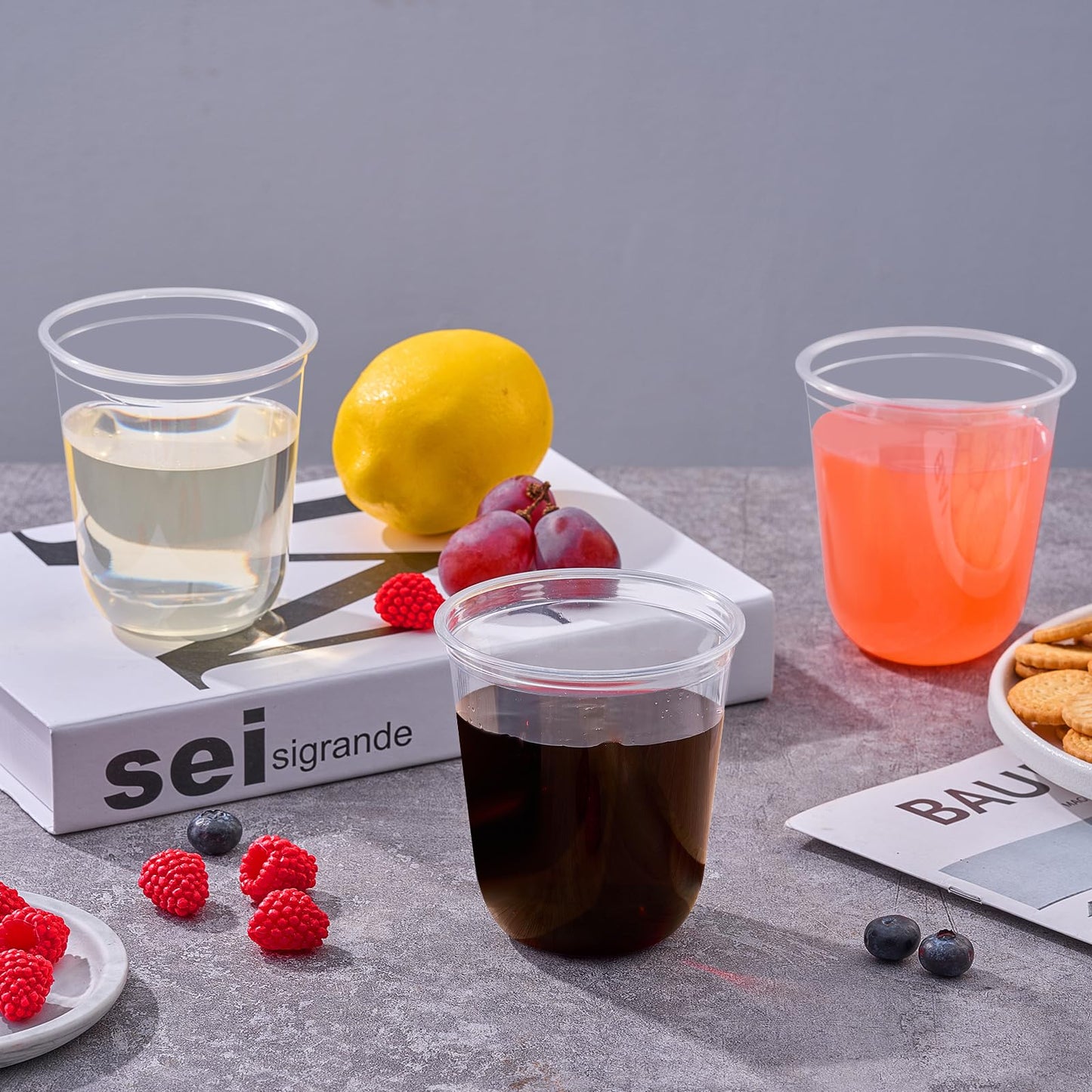 WELLIFE 12 oz Clear Plastic Cups, 100 Pcs Disposable Wine Glasses Stemless Cocktail Punch Cups for Cold Drinking Party Supplies, Easter, Father's Day