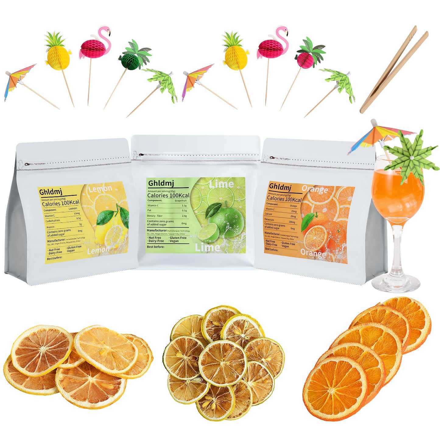 3-Pack Dehydrated ORANGE,LEMON & LIME,9oz total,Premium Craft Cocktail Garnish With10 Pcs Drink Umbrellas Picks And 1 Fruit Clips,for Tea, Beverages, and More Craft Cocktail Home Mixologist,Bartender Garnishes Dried Fruit