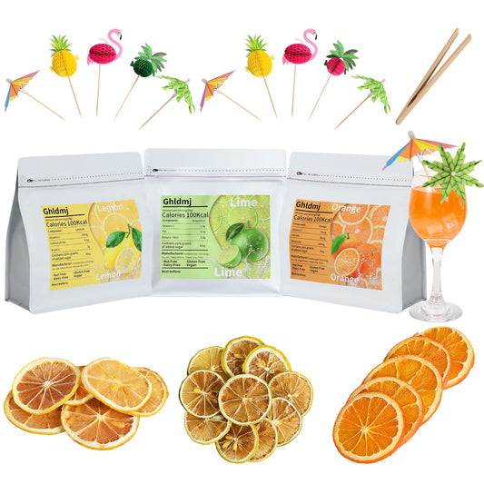 3-Pack Dehydrated ORANGE,LEMON & LIME,9oz total,Premium Craft Cocktail Garnish With10 Pcs Drink Umbrellas Picks And 1 Fruit Clips,for Tea, Beverages, and More Craft Cocktail Home Mixologist,Bartender Garnishes Dried Fruit